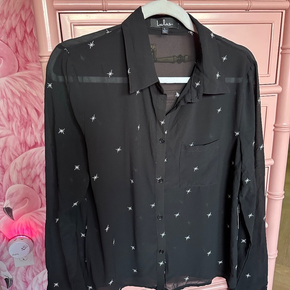 Lulu's Black Button Down Shirt with White Star Accents - Picture 5 of 8